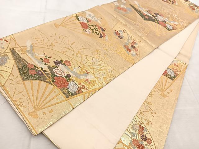 平和屋着物◎西陣　六通柄袋帯　唐織　飛鶴扇面秋草文　金糸　正絹　逸品　BAAV4927yc
