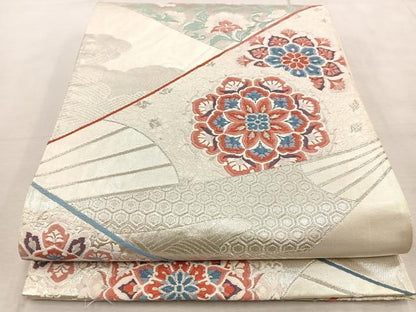 平和屋着物◎六通柄袋帯　唐織　扇更紗花文　銀糸　正絹　逸品　BAAV4928yc