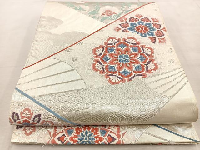 平和屋着物◎六通柄袋帯　唐織　扇更紗花文　銀糸　正絹　逸品　BAAV4928yc