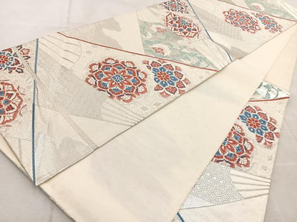 平和屋着物◎六通柄袋帯　唐織　扇更紗花文　銀糸　正絹　逸品　BAAV4928yc