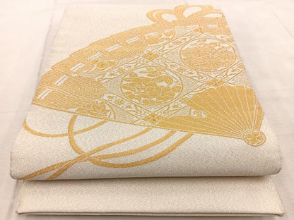 平和屋着物◎太鼓柄袋帯　綴れ　檜扇花文　金糸　正絹　逸品　BAAV4930yc