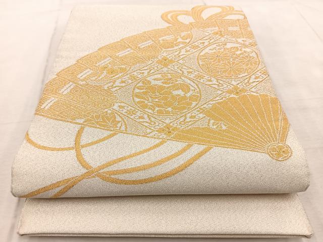 平和屋着物◎太鼓柄袋帯　綴れ　檜扇花文　金糸　正絹　逸品　BAAV4930yc