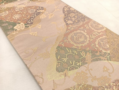 平和屋着物◎六通柄袋帯　双鶴更紗花文　金糸　正絹　逸品　BAAV4931yc