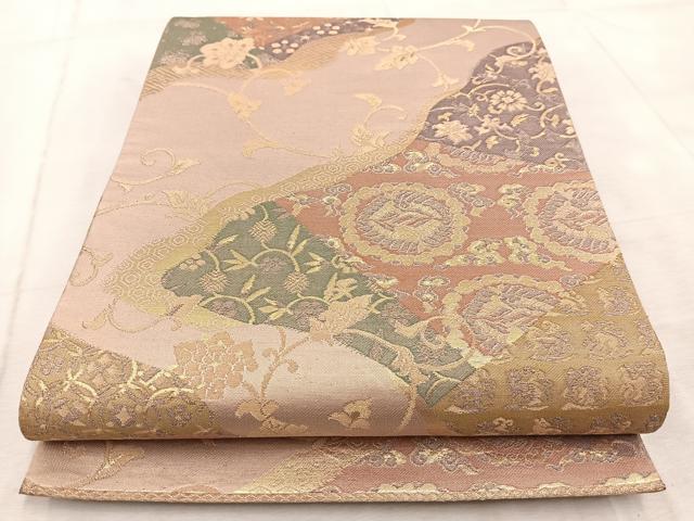 平和屋着物◎六通柄袋帯　双鶴更紗花文　金糸　正絹　逸品　BAAV4931yc