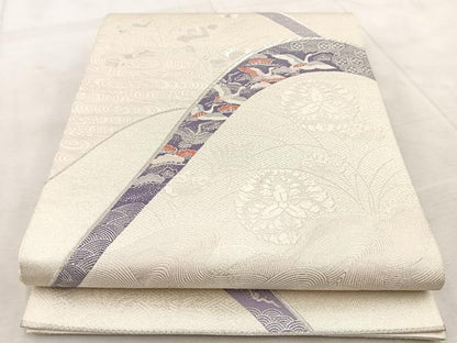 平和屋着物◎六通柄袋帯　飛鶴花蝶文　銀糸　正絹　逸品　BAAV4932yc