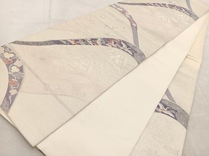 平和屋着物◎六通柄袋帯　飛鶴花蝶文　銀糸　正絹　逸品　BAAV4932yc