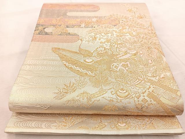 平和屋着物◎佐賀錦　六通柄袋帯　飛鶴宝舟文　金銀糸　正絹　逸品　BAAV4933yc