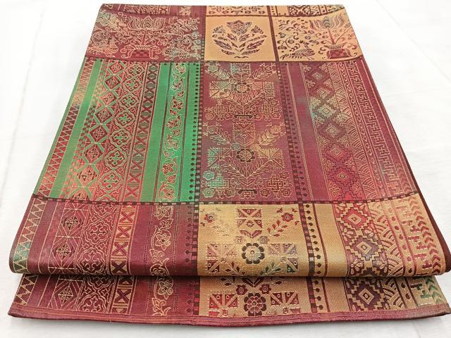 平和屋着物◎六通柄袋帯　更紗花鳥文　引箔　正絹　逸品　BAAV4938yc