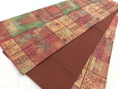 平和屋着物◎六通柄袋帯　更紗花鳥文　引箔　正絹　逸品　BAAV4938yc