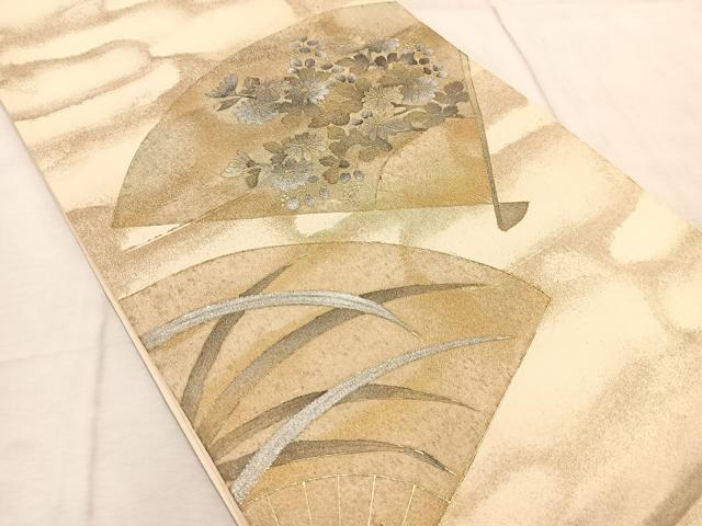平和屋着物◎太鼓柄袋帯　扇面花文　金銀彩　引箔　正絹　逸品　BAAV4950yc