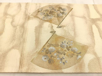 平和屋着物◎太鼓柄袋帯　扇面花文　金銀彩　引箔　正絹　逸品　BAAV4950yc