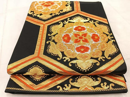 平和屋着物◎六通柄袋帯　唐織　亀甲花文　黒地　金銀糸　正絹　逸品　BAAV4958yc
