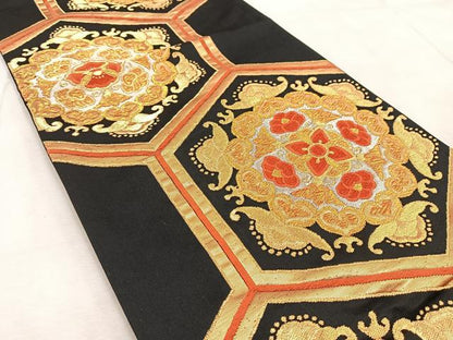 平和屋着物◎六通柄袋帯　唐織　亀甲花文　黒地　金銀糸　正絹　逸品　BAAV4958yc