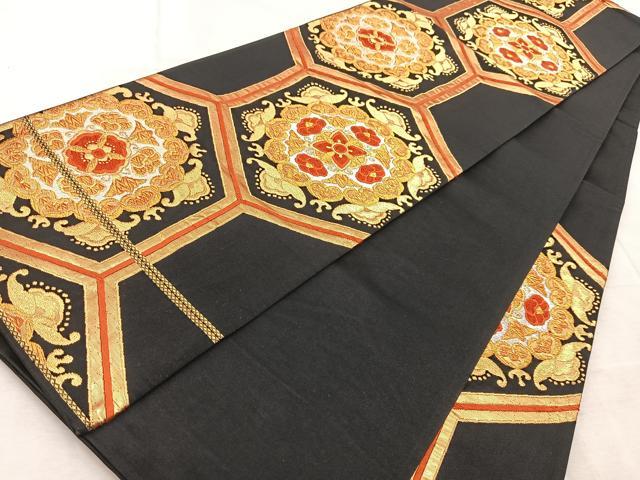 平和屋着物◎六通柄袋帯　唐織　亀甲花文　黒地　金銀糸　正絹　逸品　BAAV4958yc
