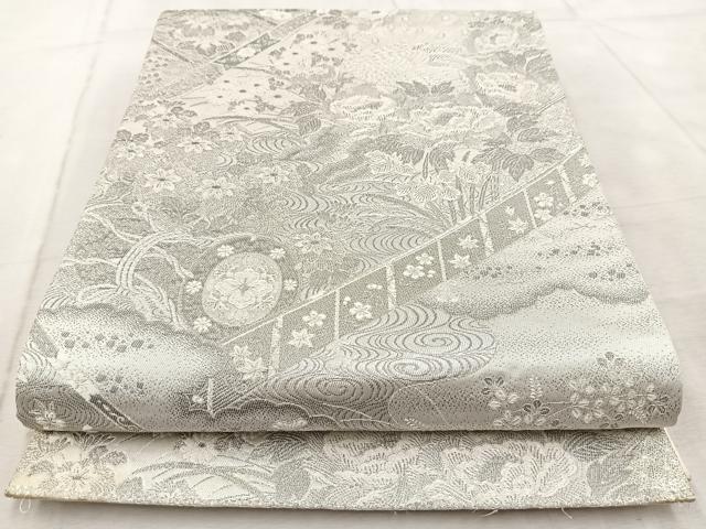 平和屋着物◎六通柄袋帯　唐織　孔雀鼓牡丹花紋　正絹　逸品　BAAV4966yc