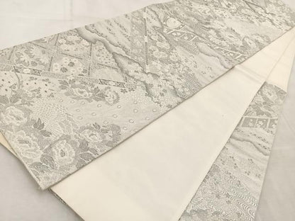 平和屋着物◎六通柄袋帯　唐織　孔雀鼓牡丹花紋　正絹　逸品　BAAV4966yc