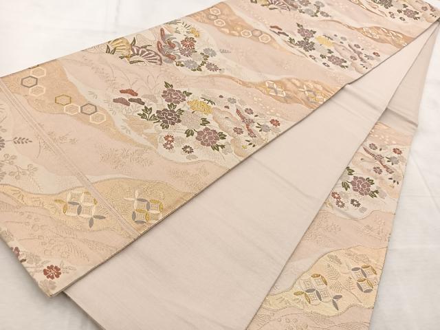 平和屋着物◎六通柄袋帯 唐織 道長花鳥文 金糸 正絹 逸品 BAAV4977yc