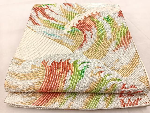 平和屋着物◎六通柄袋帯　唐織　立波文　金銀糸　正絹　逸品　BAAV4979yc