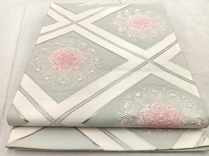 平和屋着物◎六通柄袋帯 唐織 菱天井孔雀羽花文 銀糸 正絹 逸品 BAAV4995yc