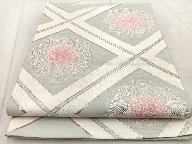 平和屋着物◎六通柄袋帯 唐織 菱天井孔雀羽花文 銀糸 正絹 逸品 BAAV4995yc