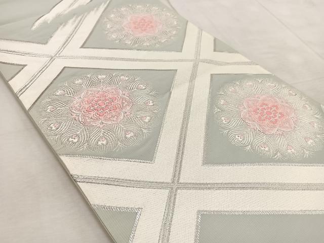 平和屋着物◎六通柄袋帯 唐織 菱天井孔雀羽花文 銀糸 正絹 逸品 BAAV4995yc