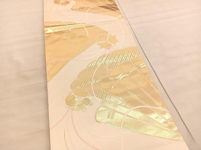 平和屋着物◎六通柄袋帯　唐織　清風錦　九百　桧扇文　金糸　正絹　逸品　BAAV5007hv