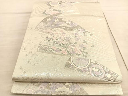 平和屋着物◎六通柄袋帯 唐織 扇面鴛鴦花文 プラチナ箔九百錦 正絹 逸品 BAAV5020hv
