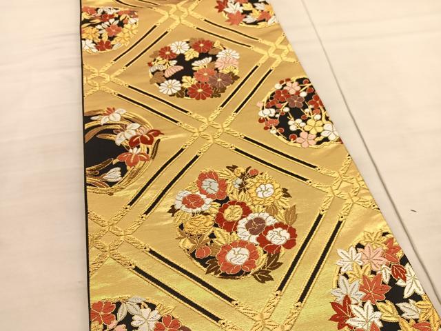 平和屋着物◎六通柄袋帯 唐織 菱天井花丸文 黒地 金糸 正絹 逸品 BAAV5024hv