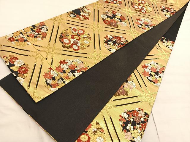 平和屋着物◎六通柄袋帯 唐織 菱天井花丸文 黒地 金糸 正絹 逸品 BAAV5024hv