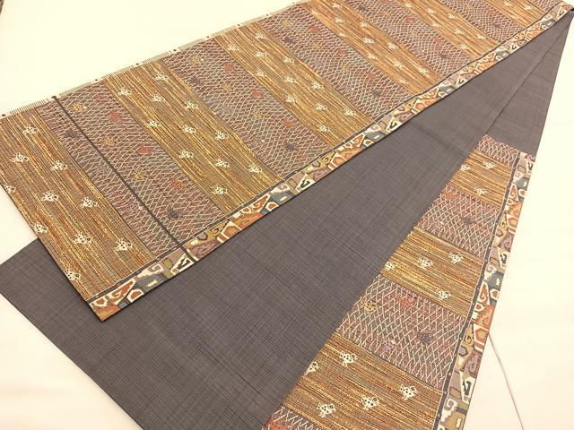 平和屋着物◎六通柄袋帯 横段鳥文 銀糸 正絹 逸品 BAAV5030hv