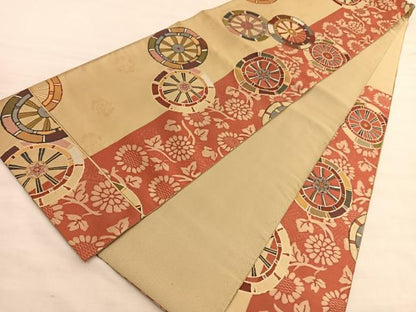 平和屋着物◎六通柄袋帯 源氏車花文 金糸 正絹 逸品 BAAV5038hv