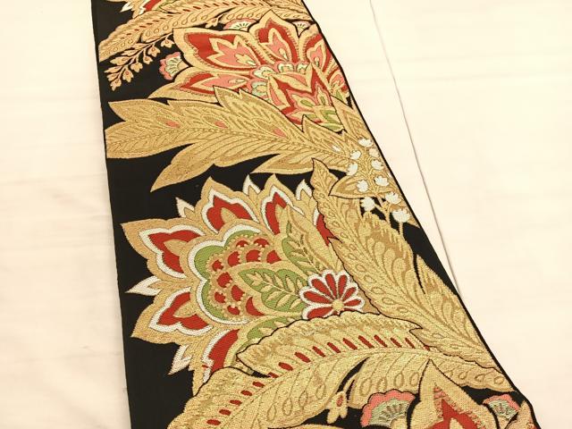 平和屋着物◎六通柄　本袋帯　唐織　更紗花文　黒地　金糸　BAAV5041hv
