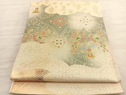 平和屋着物◎六通柄袋帯　唐織　向かい鳥雲取り花文　金糸　正絹　逸品　BAAV5043hv
