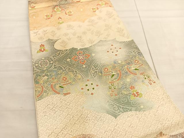 平和屋着物◎六通柄袋帯　唐織　向かい鳥雲取り花文　金糸　正絹　逸品　BAAV5043hv