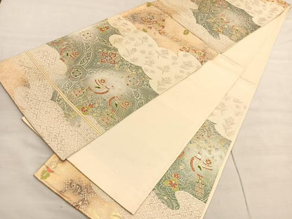 平和屋着物◎六通柄袋帯　唐織　向かい鳥雲取り花文　金糸　正絹　逸品　BAAV5043hv