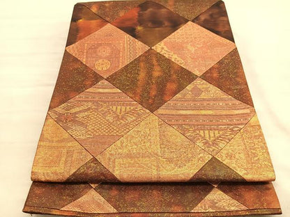 平和屋着物◎六通柄袋帯　切嵌　壁画文様　金糸　引箔　正絹　逸品　BAAV5058hv