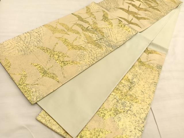 平和屋着物◎六通柄袋帯　流水飛鶴シルエット　金糸　正絹　逸品　未使用　BAAV5068hv