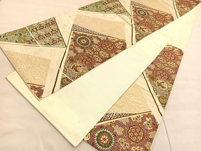 平和屋着物◎六通柄袋帯　唐織　色紙有職花鳥文　金糸　正絹　逸品　BAAV5126hv