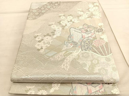 平和屋着物◎六通柄袋帯　唐織　花車扇鳥文　プラチナ二重箔　正絹　逸品　BAAV5162hv