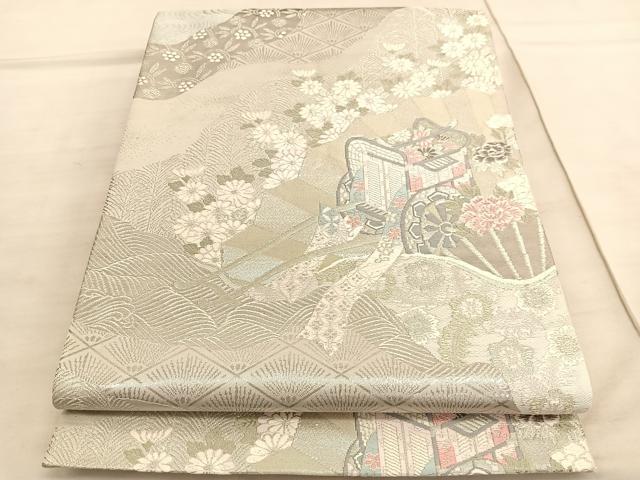 平和屋着物◎六通柄袋帯　唐織　花車扇鳥文　プラチナ二重箔　正絹　逸品　BAAV5162hv