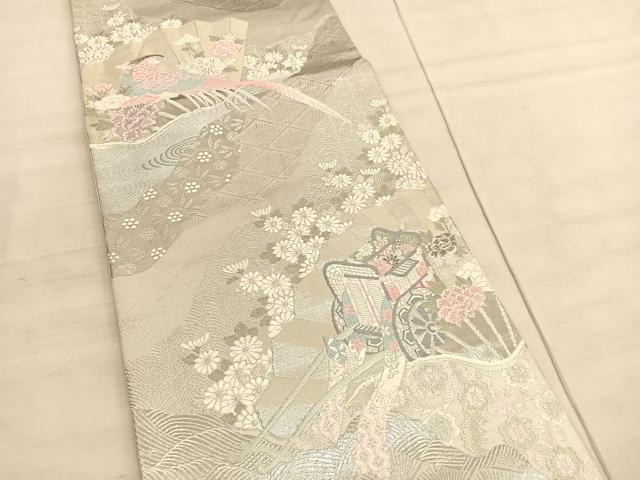 平和屋着物◎六通柄袋帯　唐織　花車扇鳥文　プラチナ二重箔　正絹　逸品　BAAV5162hv