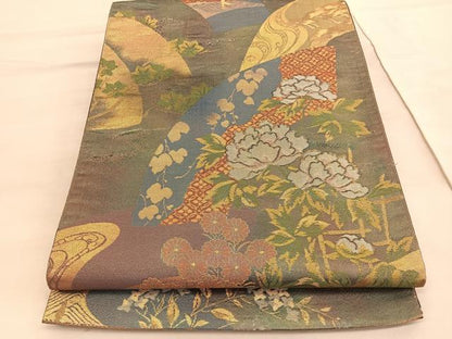 平和屋着物◎六通柄袋帯　地紙花文　金糸　正絹　逸品　BAAV5163hv