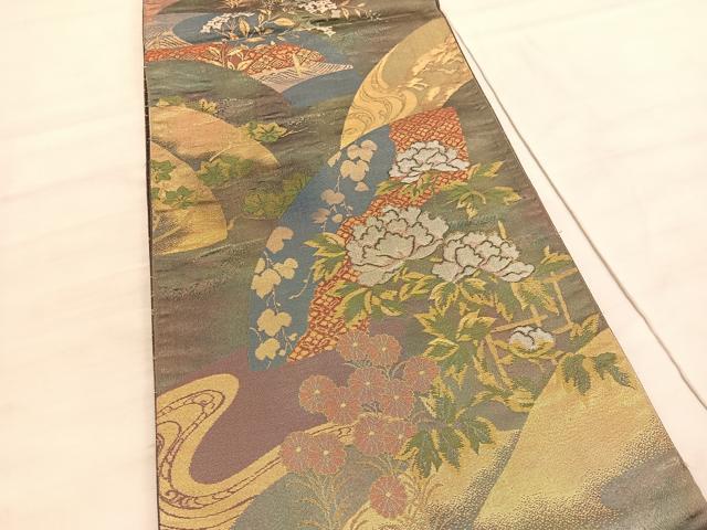 平和屋着物◎六通柄袋帯　地紙花文　金糸　正絹　逸品　BAAV5163hv