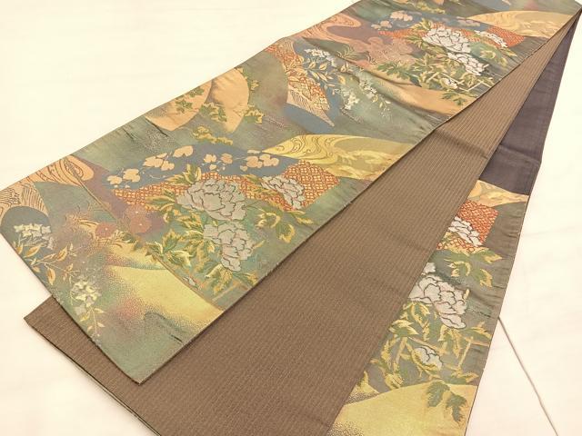 平和屋着物◎六通柄袋帯　地紙花文　金糸　正絹　逸品　BAAV5163hv