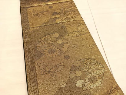 平和屋着物◎全通柄袋帯 花蝶文 金糸 正絹 逸品 BAAV5172hv