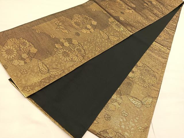 平和屋着物◎全通柄袋帯 花蝶文 金糸 正絹 逸品 BAAV5172hv