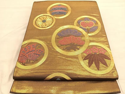 平和屋着物◎太鼓柄袋帯 総駒刺繍 吉祥丸文 金糸 引箔 正絹 逸品 BAAV5173hv