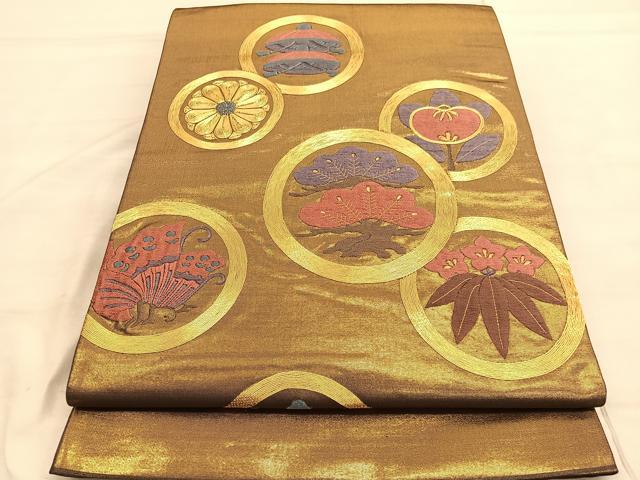 平和屋着物◎太鼓柄袋帯 総駒刺繍 吉祥丸文 金糸 引箔 正絹 逸品 BAAV5173hv