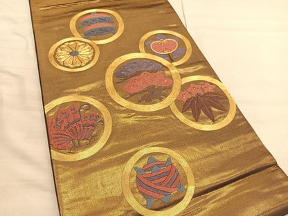 平和屋着物◎太鼓柄袋帯 総駒刺繍 吉祥丸文 金糸 引箔 正絹 逸品 BAAV5173hv