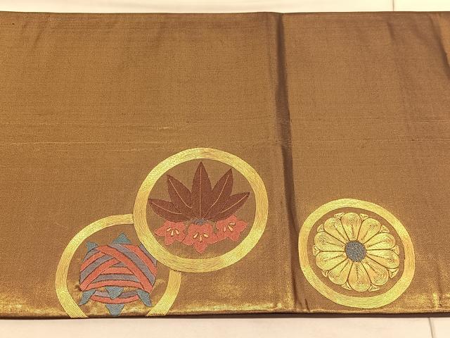 平和屋着物◎太鼓柄袋帯 総駒刺繍 吉祥丸文 金糸 引箔 正絹 逸品 BAAV5173hv
